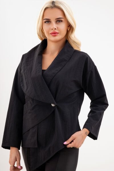 Bold & Young Kadın Polyamid Karışımlı Siyah Ceket – Cepli, Asimetrik, Tek Düğme XXL