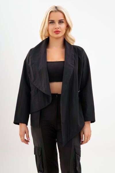 Bold & Young Kadın Polyamid Karışımlı Siyah Ceket – Cepli, Asimetrik, Tek Düğme XXL