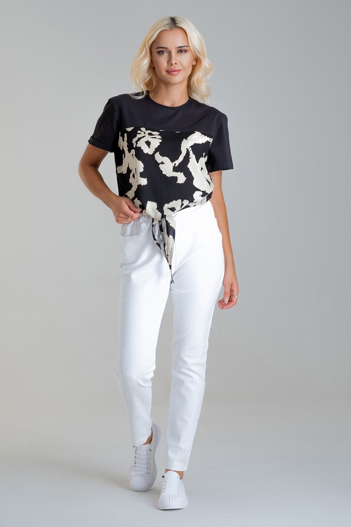 Kadın Bağlamalı Baskılı Viskon Kombinli Likralı Örme Kumaş Sıfır Yaka Tshirt XL - siyah-siyah ekru baskı