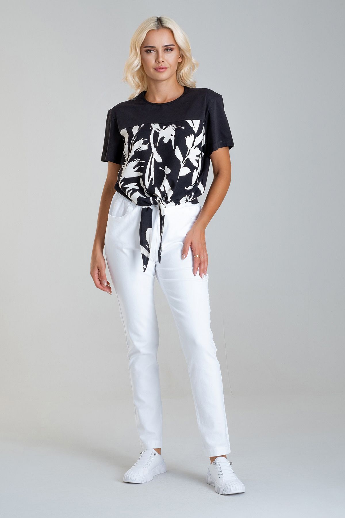 Kadın Bağlamalı Baskılı Viskon Kombinli Likralı Örme Kumaş Sıfır Yaka Tshirt XL - siyah-siyah baskı