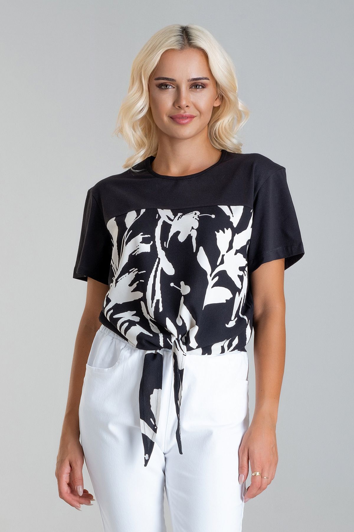 Kadın Bağlamalı Baskılı Viskon Kombinli Likralı Örme Kumaş Sıfır Yaka Tshirt XL - siyah-siyah baskı