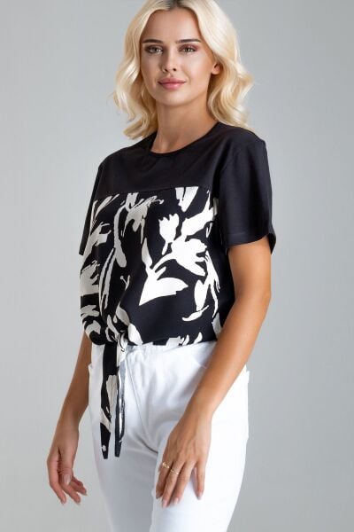Kadın Bağlamalı Baskılı Viskon Kombinli Likralı Örme Kumaş Sıfır Yaka Tshirt XL - siyah-siyah baskı