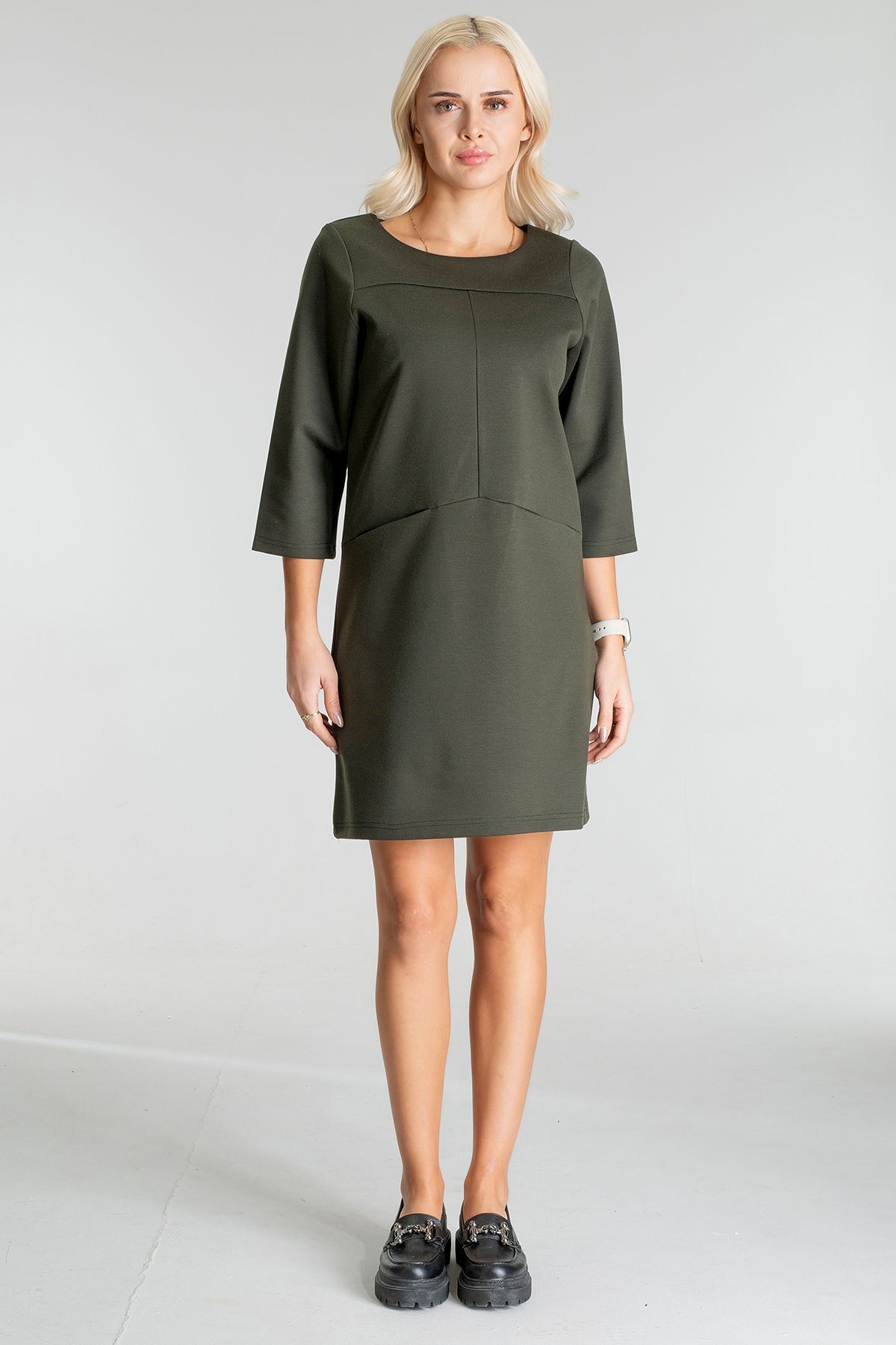 Kadın Siyah Renk Suni Deri Kombinli Pamuk Likralı Kolsuz Dik Yakalı Cepli Elbise haki ön cep - 3XL