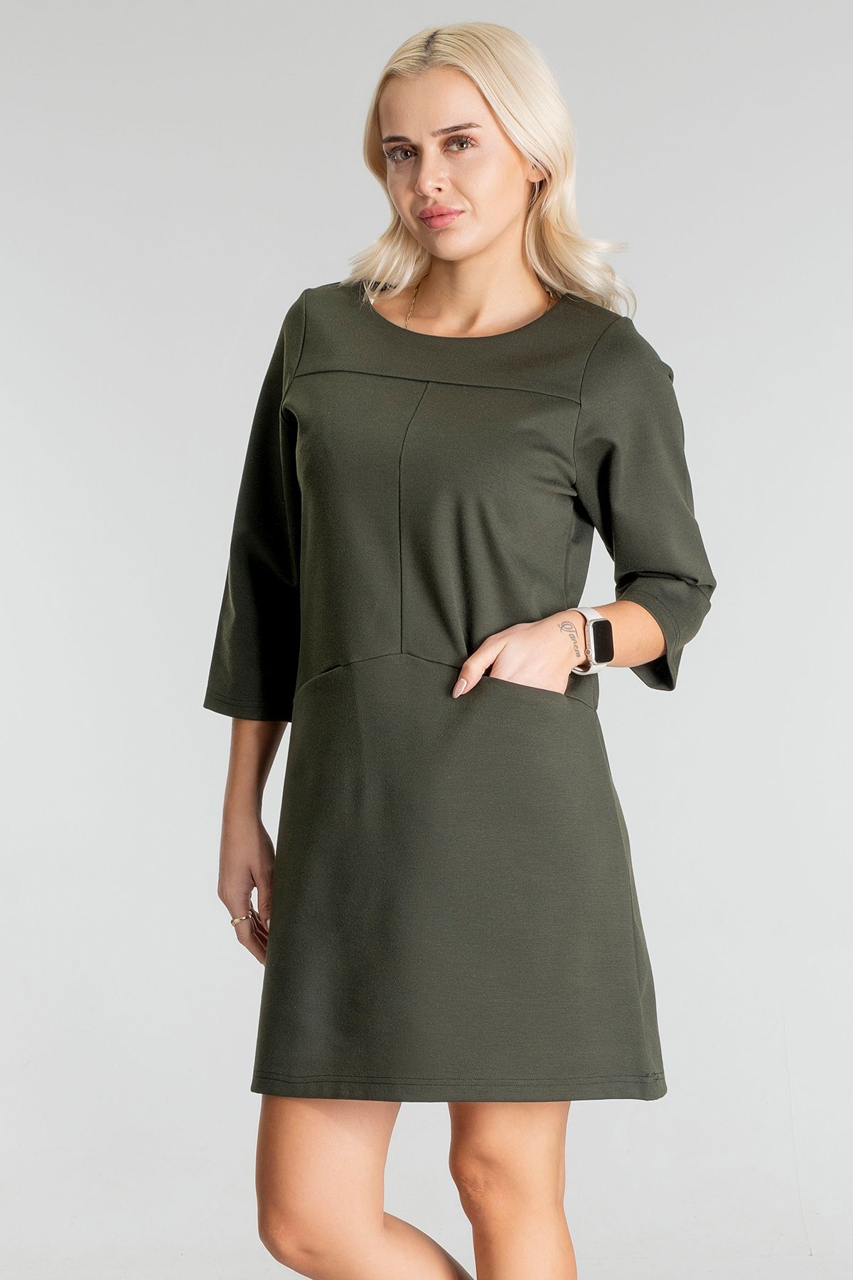 Kadın Siyah Renk Suni Deri Kombinli Pamuk Likralı Kolsuz Dik Yakalı Cepli Elbise haki ön cep - 3XL