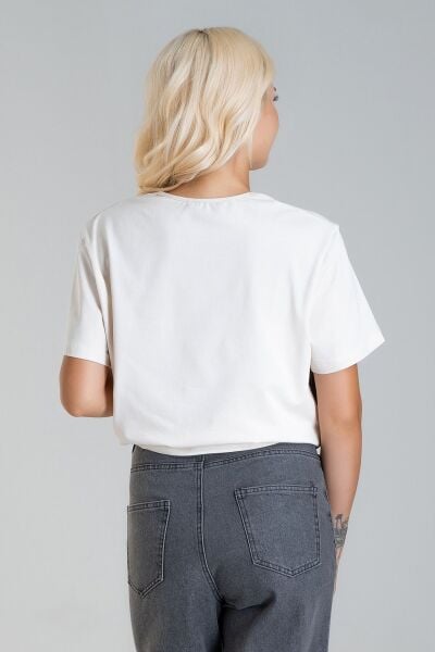 Kadın Bağlamalı Baskılı Viskon Kombinli Likralı Örme Kumaş Sıfır Yaka Tshirt M - ekru -siyah ekru baskı