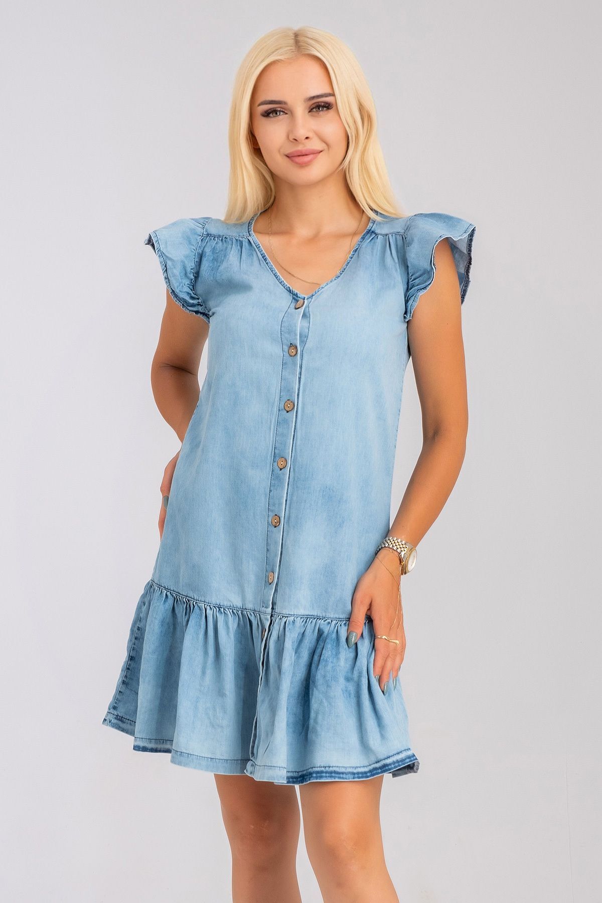 Büzgülü Kollu Önü Düğmeli Compact Penye Likralı Elbise bleach yıkama - S