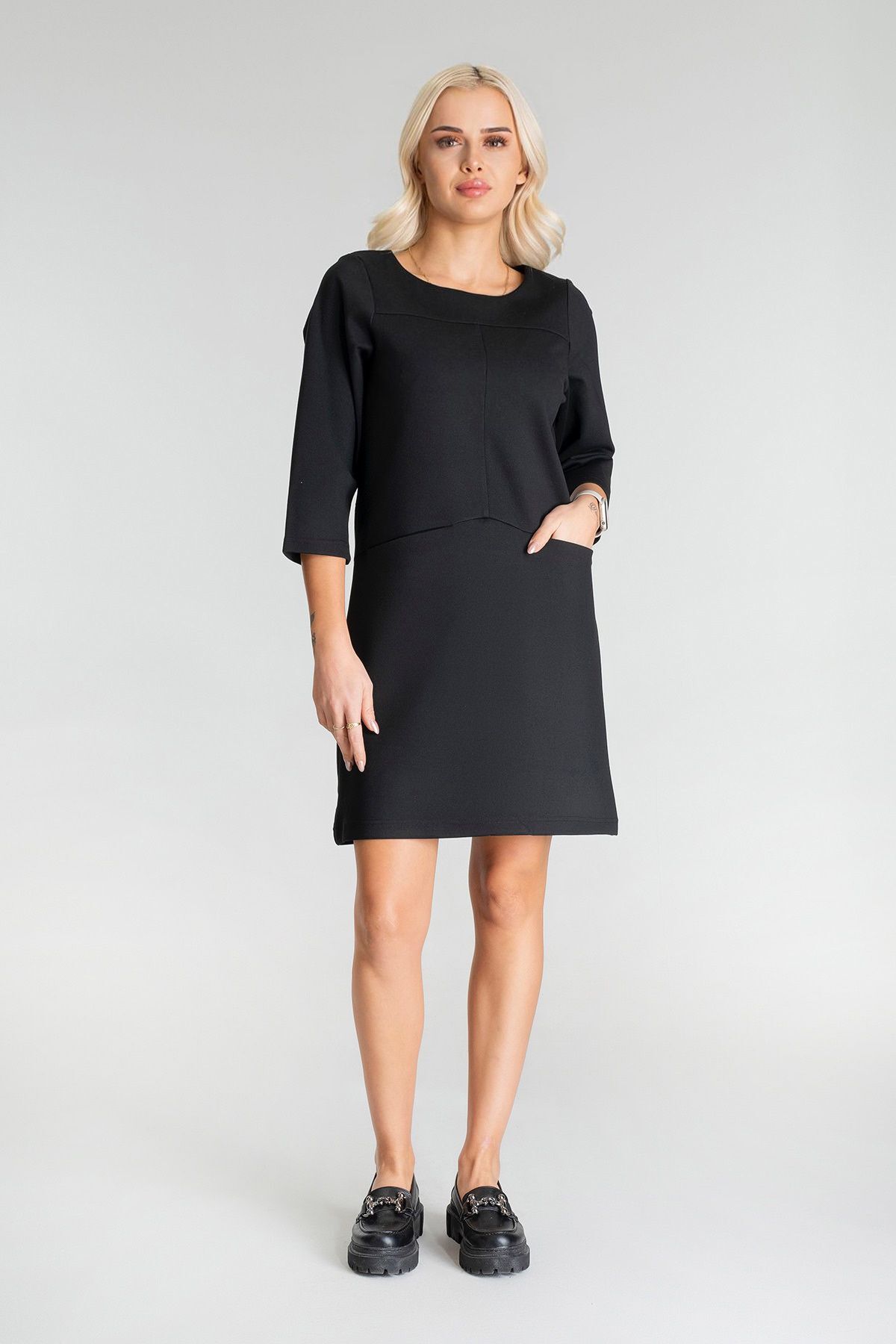 Kadın Siyah Renk Suni Deri Kombinli Pamuk Likralı Kolsuz Dik Yakalı Cepli Elbise siyah ön cep - M