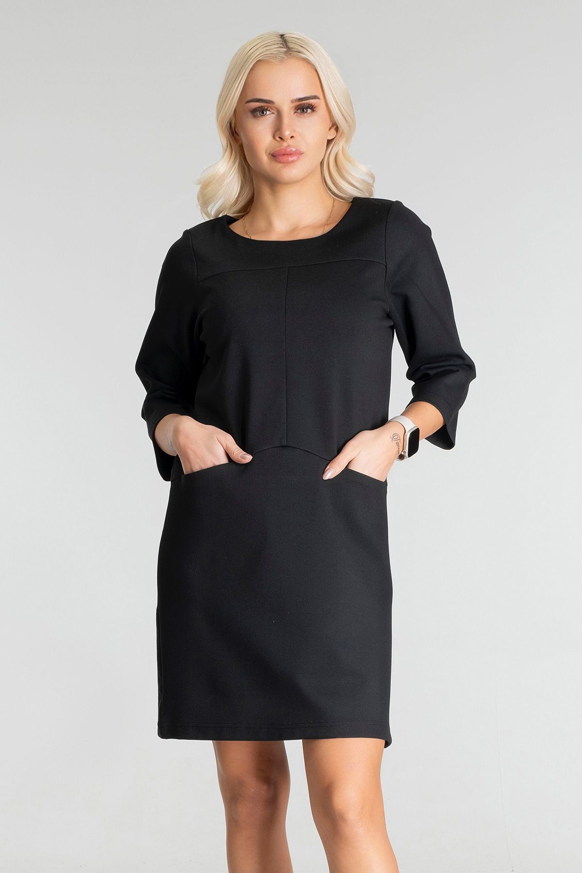 Kadın Siyah Renk Suni Deri Kombinli Pamuk Likralı Kolsuz Dik Yakalı Cepli Elbise siyah ön cep - M