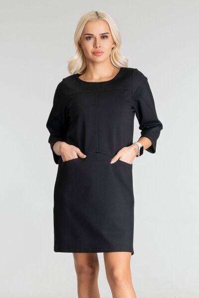 Kadın Siyah Renk Suni Deri Kombinli Pamuk Likralı Kolsuz Dik Yakalı Cepli Elbise siyah ön cep - M