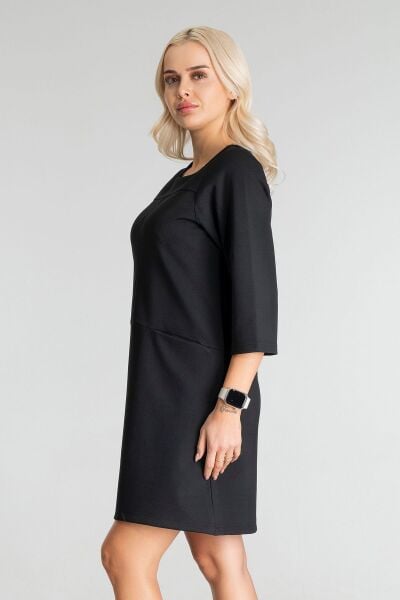 Kadın Siyah Renk Suni Deri Kombinli Pamuk Likralı Kolsuz Dik Yakalı Cepli Elbise siyah ön cep - M