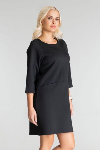 Kadın Siyah Renk Suni Deri Kombinli Pamuk Likralı Kolsuz Dik Yakalı Cepli Elbise siyah ön cep - M