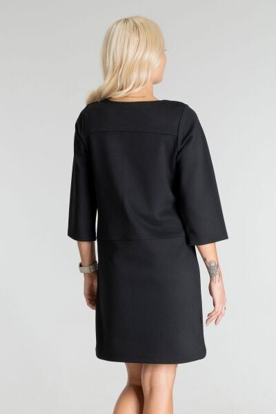 Kadın Siyah Renk Suni Deri Kombinli Pamuk Likralı Kolsuz Dik Yakalı Cepli Elbise siyah ön cep - M