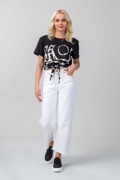 Kadın Bağlamalı Baskılı Viskon Kombinli Likralı Örme Kumaş Sıfır Yaka Tshirt XL - Siyah