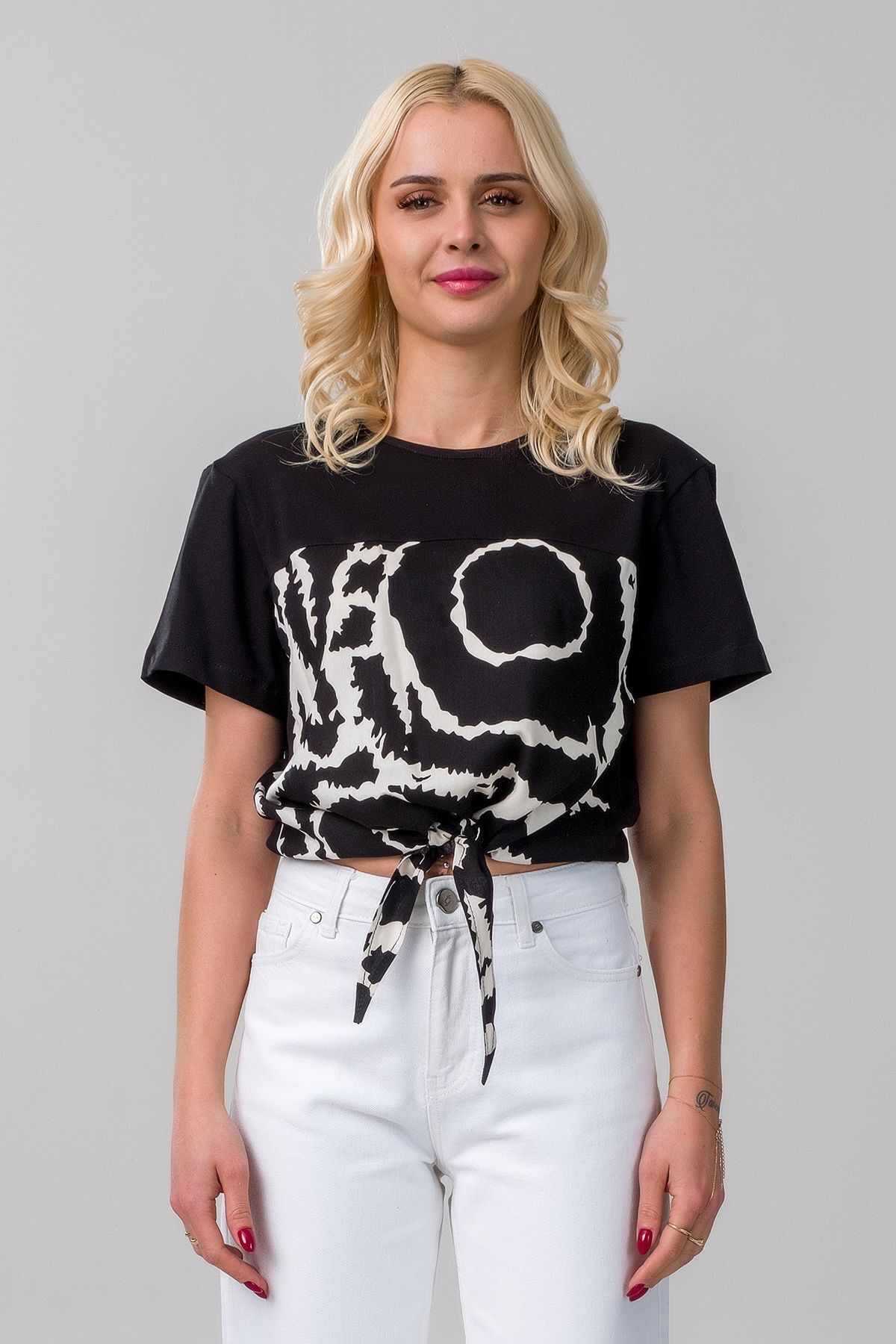 Kadın Bağlamalı Baskılı Viskon Kombinli Likralı Örme Kumaş Sıfır Yaka Tshirt XL - Siyah