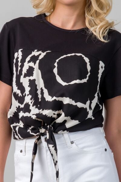 Kadın Bağlamalı Baskılı Viskon Kombinli Likralı Örme Kumaş Sıfır Yaka Tshirt XL - Siyah