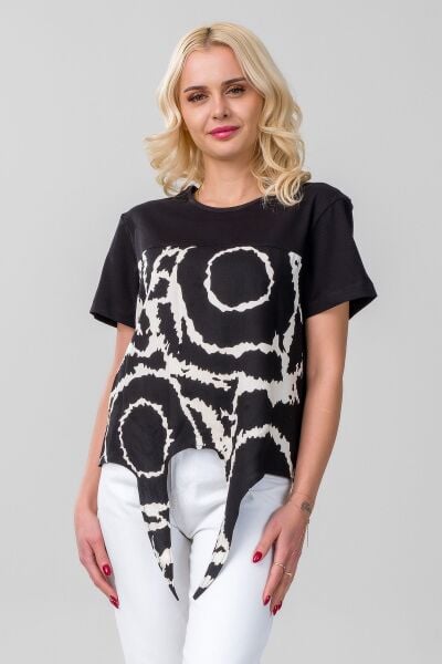 Kadın Bağlamalı Baskılı Viskon Kombinli Likralı Örme Kumaş Sıfır Yaka Tshirt XL - Siyah