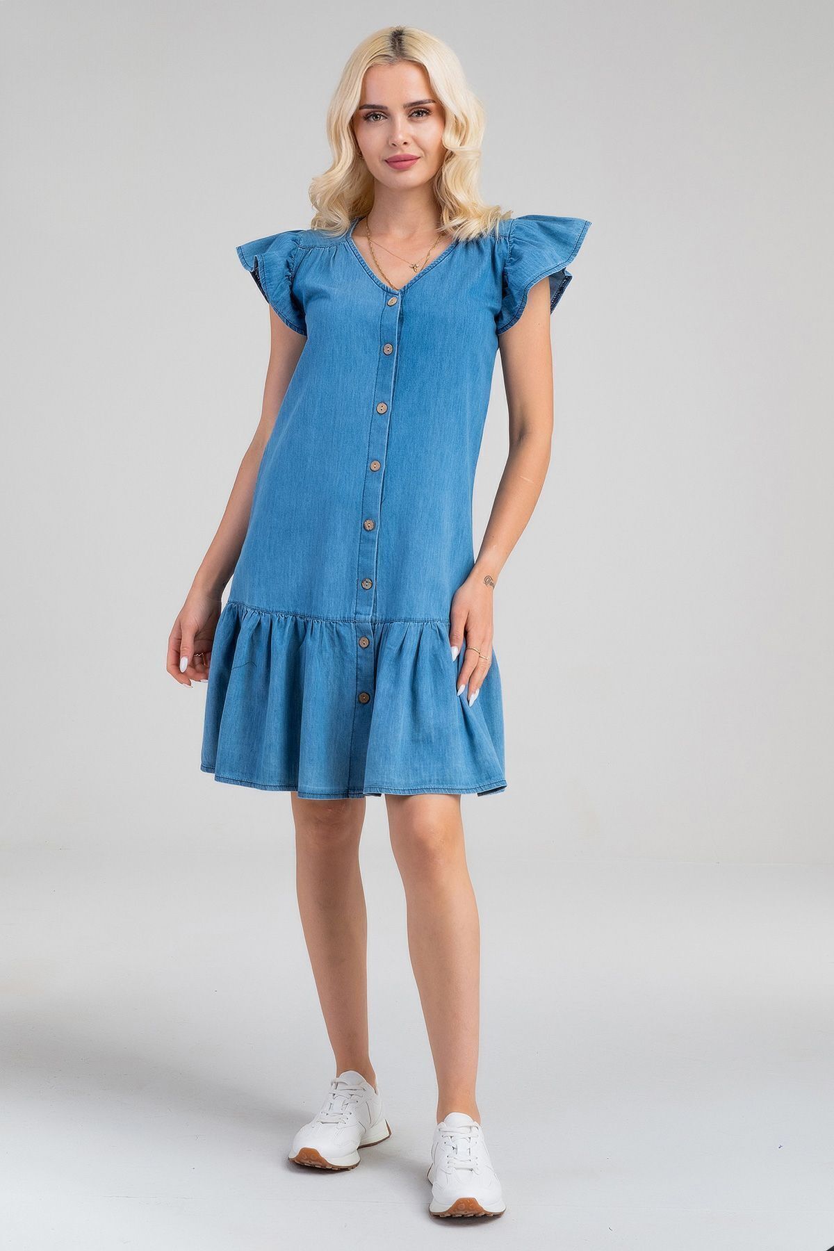 Büzgülü Kollu Önü Düğmeli Compact Penye Likralı Elbise indigo açık mavi - S