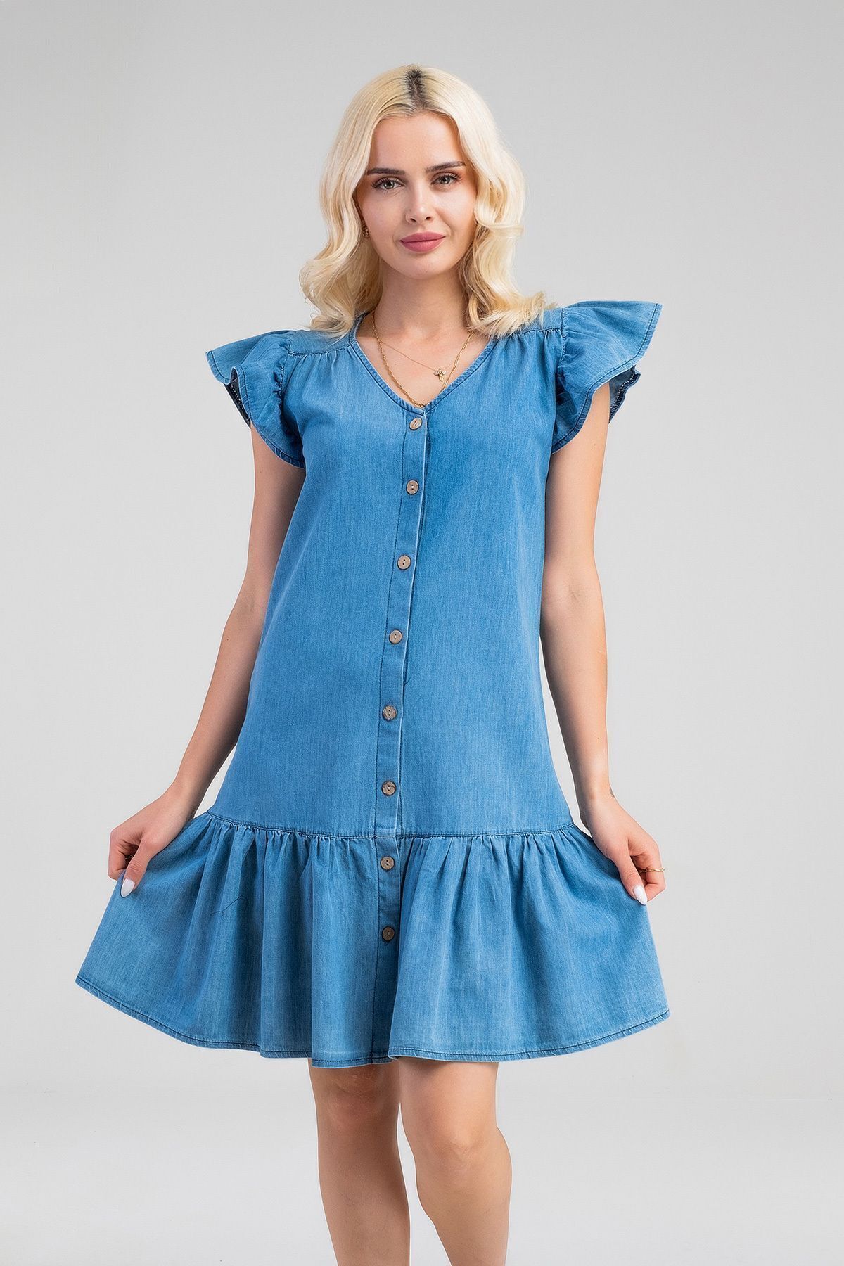 Büzgülü Kollu Önü Düğmeli Compact Penye Likralı Elbise indigo açık mavi - S