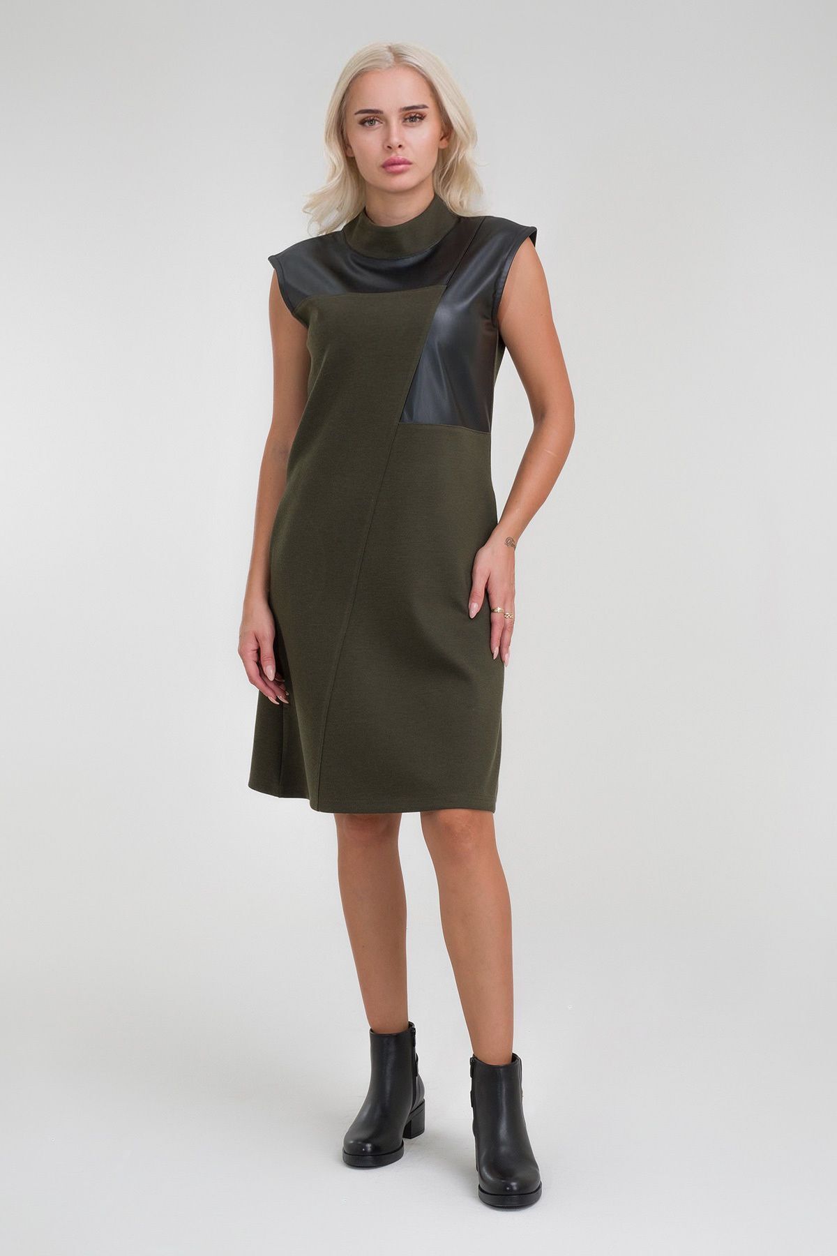 Kadın Siyah Renk Suni Deri Kombinli Pamuk Likralı Kolsuz Dik Yakalı Cepli Elbise Haki - 2XL