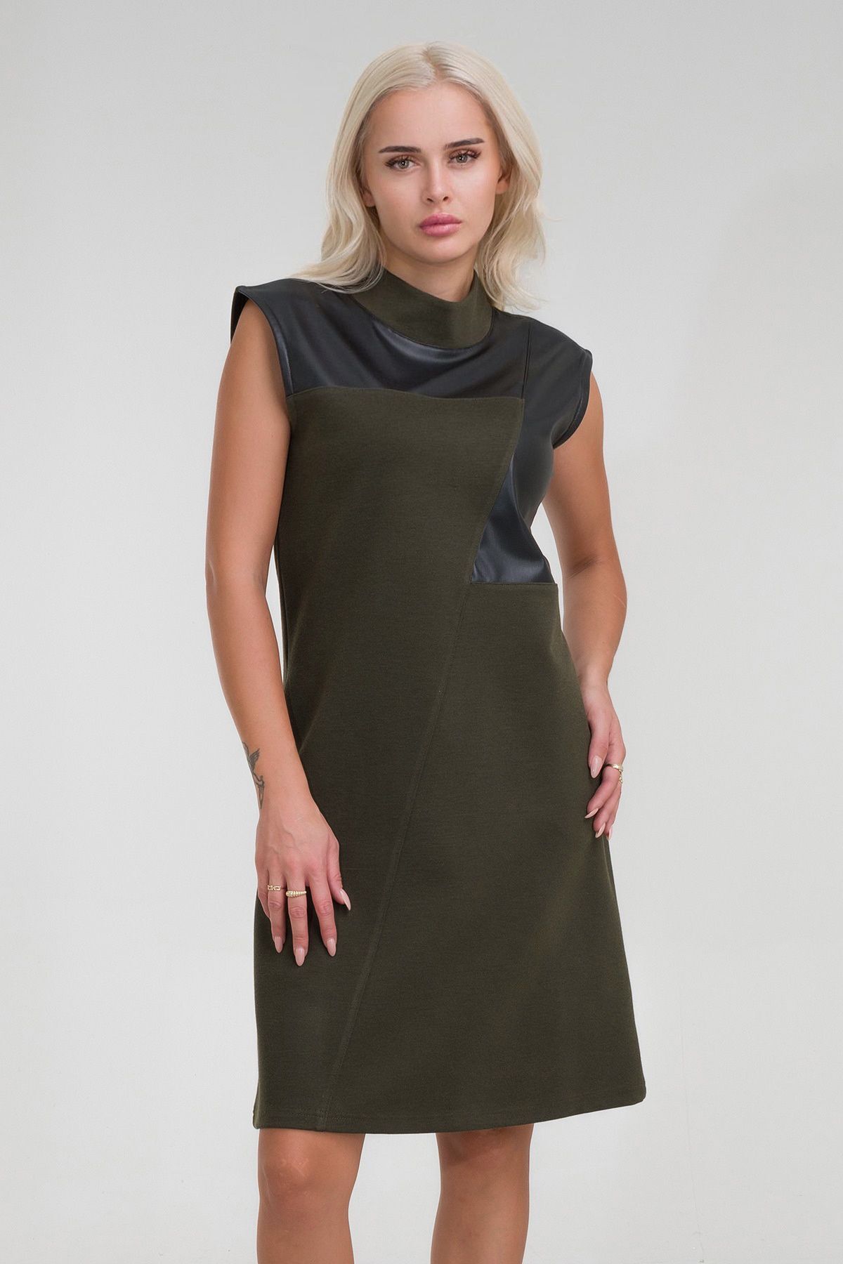 Kadın Siyah Renk Suni Deri Kombinli Pamuk Likralı Kolsuz Dik Yakalı Cepli Elbise Haki - 2XL