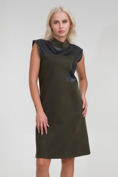 Kadın Siyah Renk Suni Deri Kombinli Pamuk Likralı Kolsuz Dik Yakalı Cepli Elbise Haki - 2XL