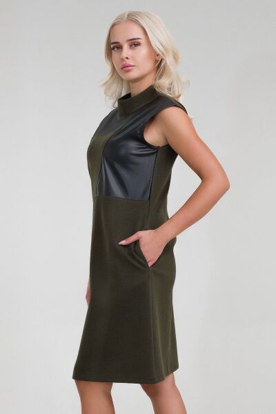 Kadın Siyah Renk Suni Deri Kombinli Pamuk Likralı Kolsuz Dik Yakalı Cepli Elbise Haki - 2XL