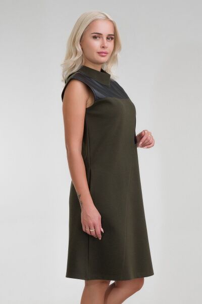 Kadın Siyah Renk Suni Deri Kombinli Pamuk Likralı Kolsuz Dik Yakalı Cepli Elbise Haki - 2XL