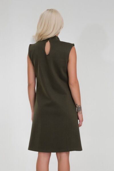 Kadın Siyah Renk Suni Deri Kombinli Pamuk Likralı Kolsuz Dik Yakalı Cepli Elbise Haki - 2XL