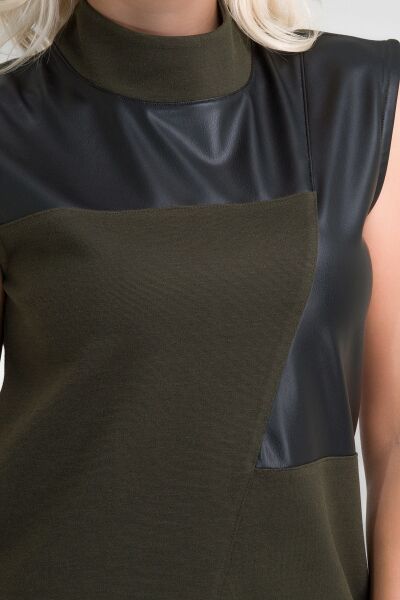 Kadın Siyah Renk Suni Deri Kombinli Pamuk Likralı Kolsuz Dik Yakalı Cepli Elbise Haki - 2XL