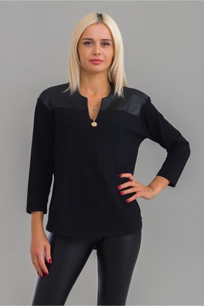 Kadın Siyah Renk Suni Deri Robalı Pamuk Likralı V Yaka Tunik M - Siyah