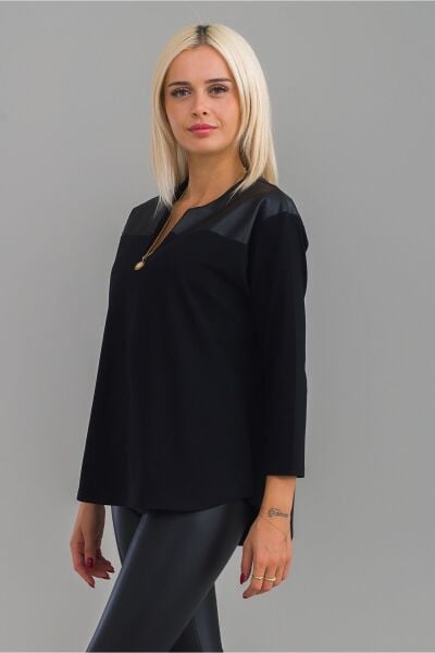 Kadın Siyah Renk Suni Deri Robalı Pamuk Likralı V Yaka Tunik M - Siyah