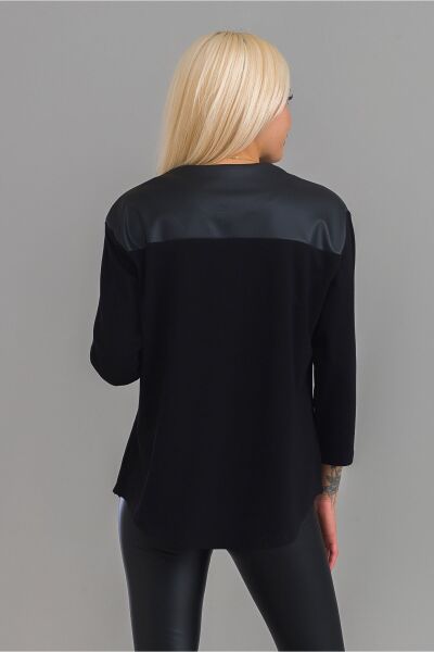 Kadın Siyah Renk Suni Deri Robalı Pamuk Likralı V Yaka Tunik M - Siyah