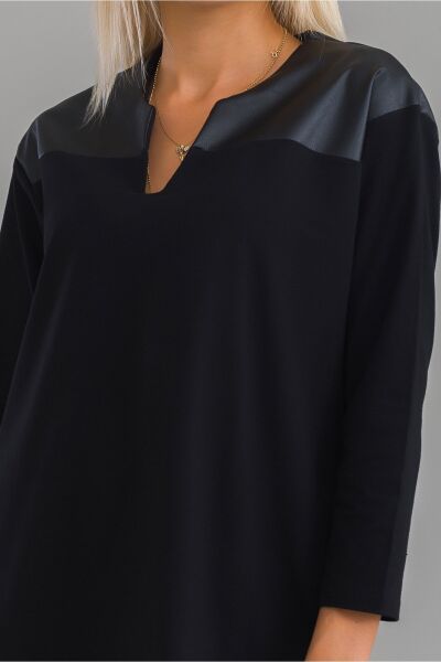 Kadın Siyah Renk Suni Deri Robalı Pamuk Likralı V Yaka Tunik M - Siyah