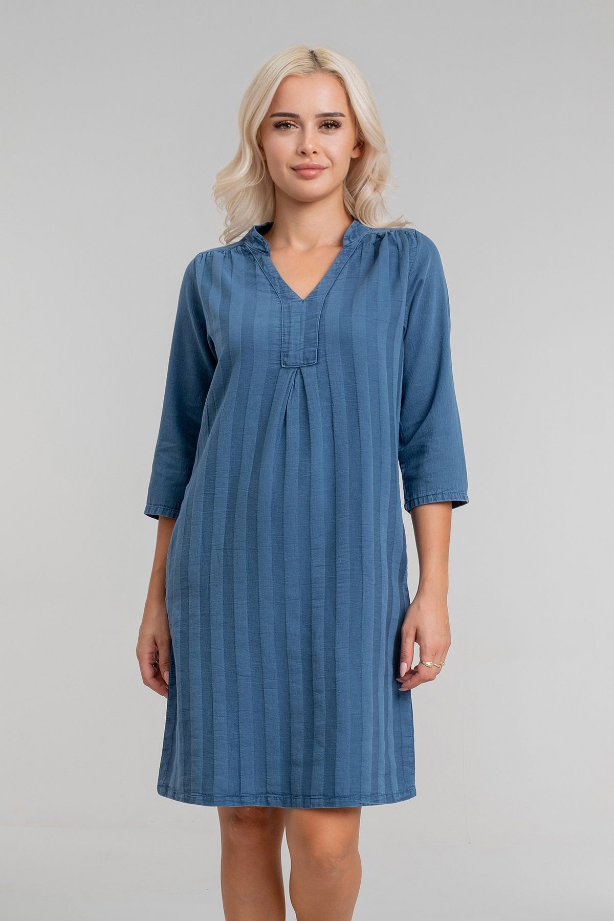 Cepli Yıkanmış Pamuk Likralı Elbise İNDİGO LACİVERT - 2XL