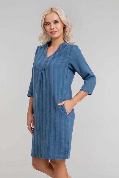 Cepli Yıkanmış Pamuk Likralı Elbise İNDİGO LACİVERT - 2XL