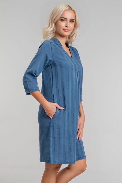 Cepli Yıkanmış Pamuk Likralı Elbise İNDİGO LACİVERT - 2XL
