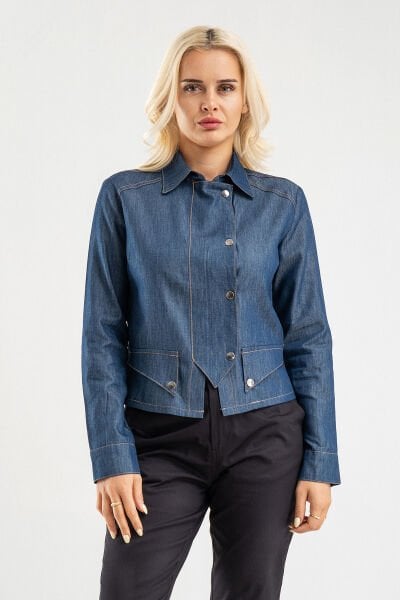 Bold & Young Kadın Mavi Düğmeli Cepli Jean Gömlek XL