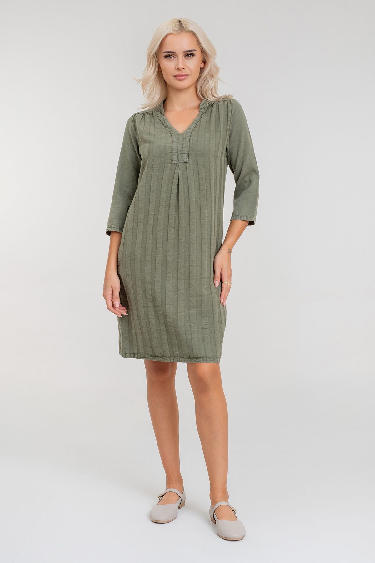 Cepli Yıkanmış Pamuk Likralı Elbise Açık Haki - L