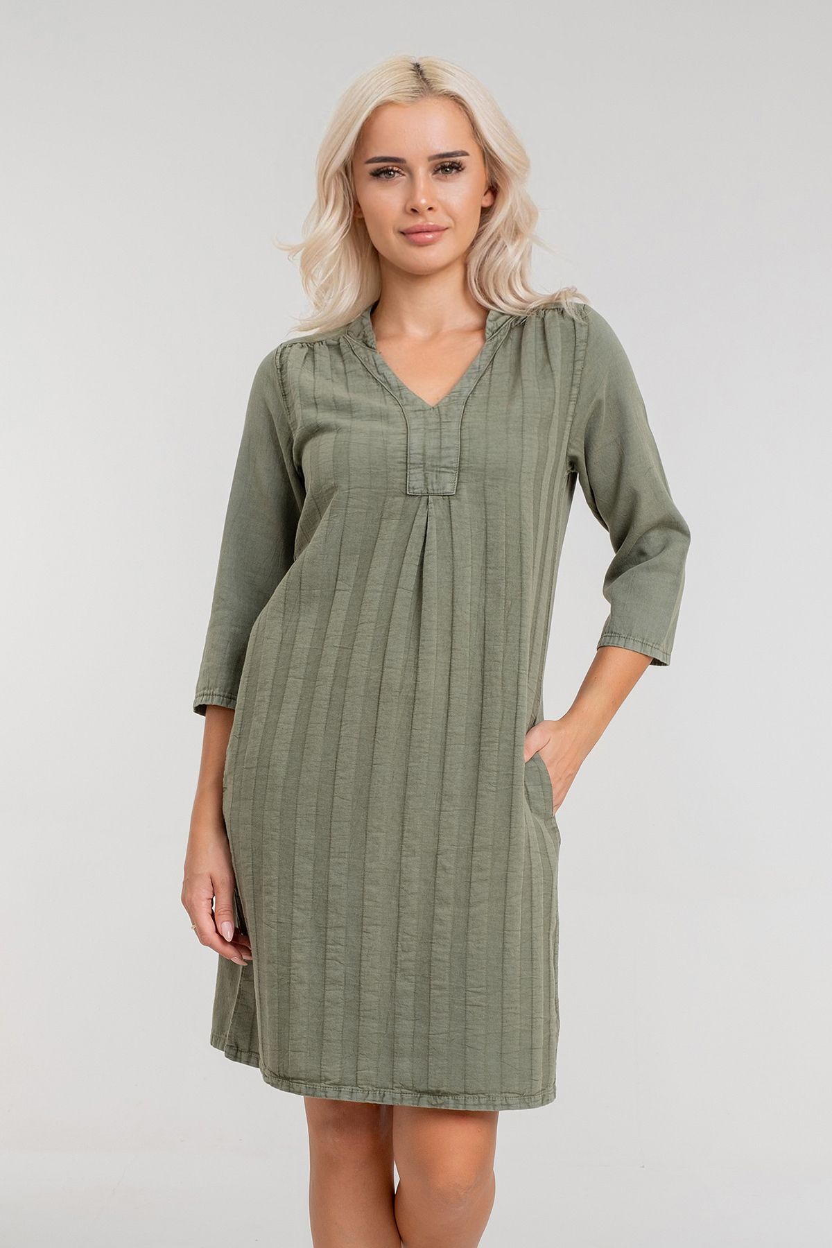 Cepli Yıkanmış Pamuk Likralı Elbise Açık Haki - L