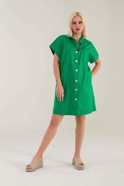 Kadın Fuşya Renk Pervazlı Robalı Celpli Likralı Poplin Gömlek Elbise M - Yeşil
