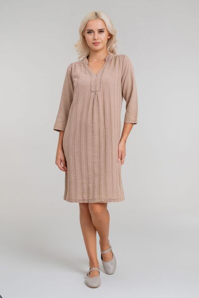 Cepli Yıkanmış Pamuk Likralı Elbise CAMEL - S