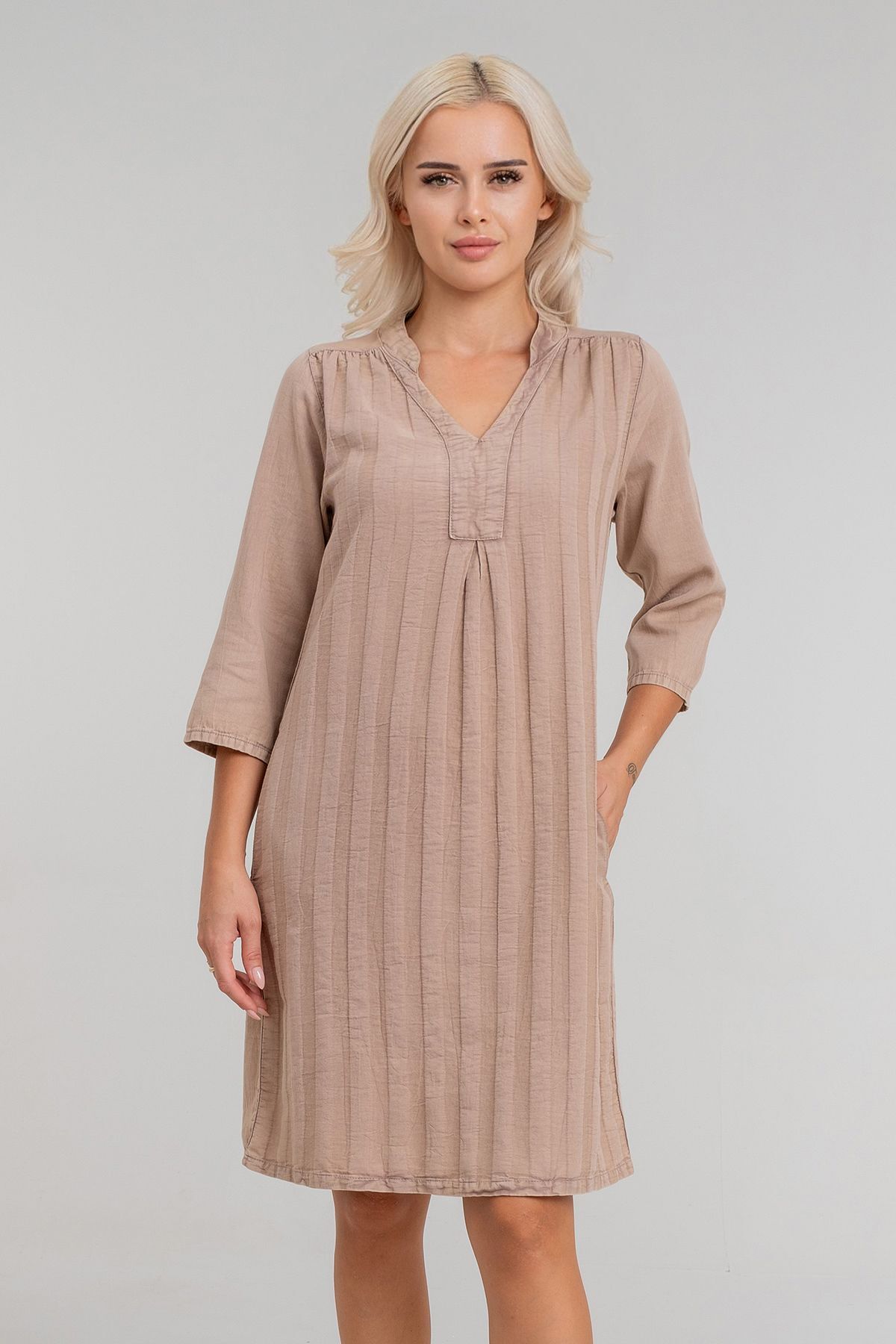 Cepli Yıkanmış Pamuk Likralı Elbise CAMEL - S