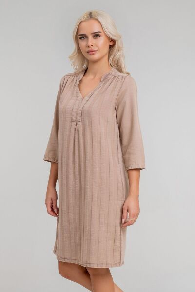 Cepli Yıkanmış Pamuk Likralı Elbise CAMEL - S