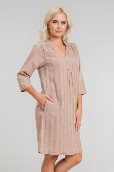 Cepli Yıkanmış Pamuk Likralı Elbise CAMEL - S