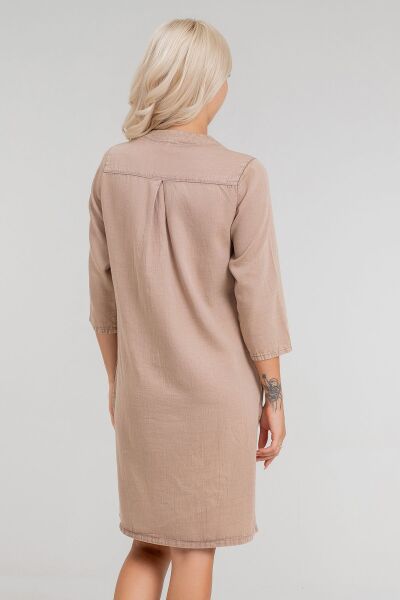 Cepli Yıkanmış Pamuk Likralı Elbise CAMEL - S