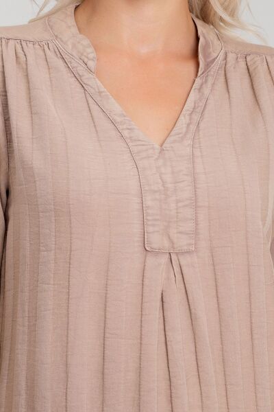 Cepli Yıkanmış Pamuk Likralı Elbise CAMEL - S