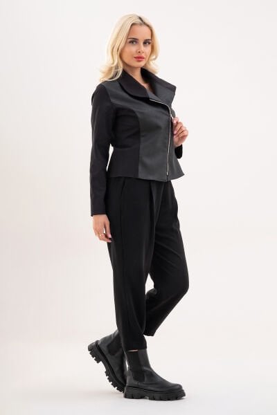 Bold & Young Siyah Deri Detaylı Fermuarlı Kadın Ceket XXL