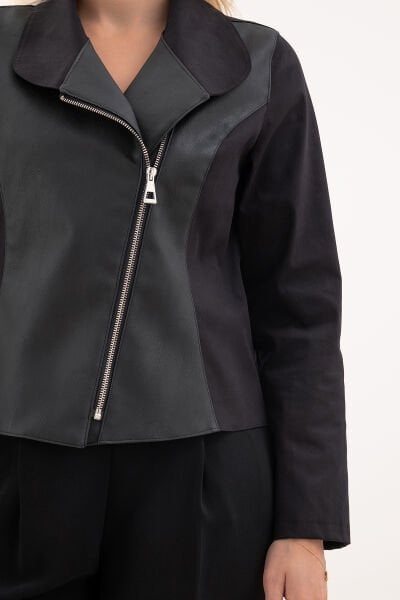 Bold & Young Siyah Deri Detaylı Fermuarlı Kadın Ceket XXL