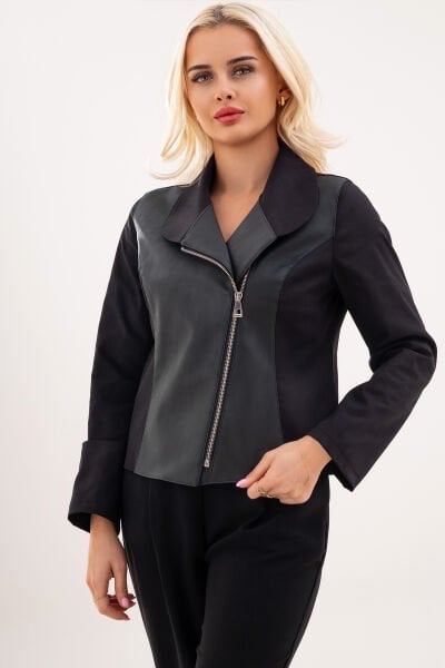Bold & Young Siyah Deri Detaylı Fermuarlı Kadın Ceket XXL