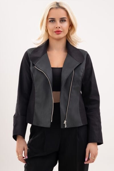 Bold & Young Siyah Deri Detaylı Fermuarlı Kadın Ceket XXL